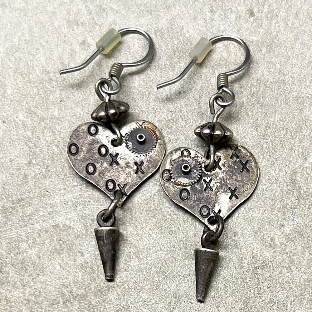 Vintage Handmade Metal Heart XOXO Charm Drop Pierced Earrings